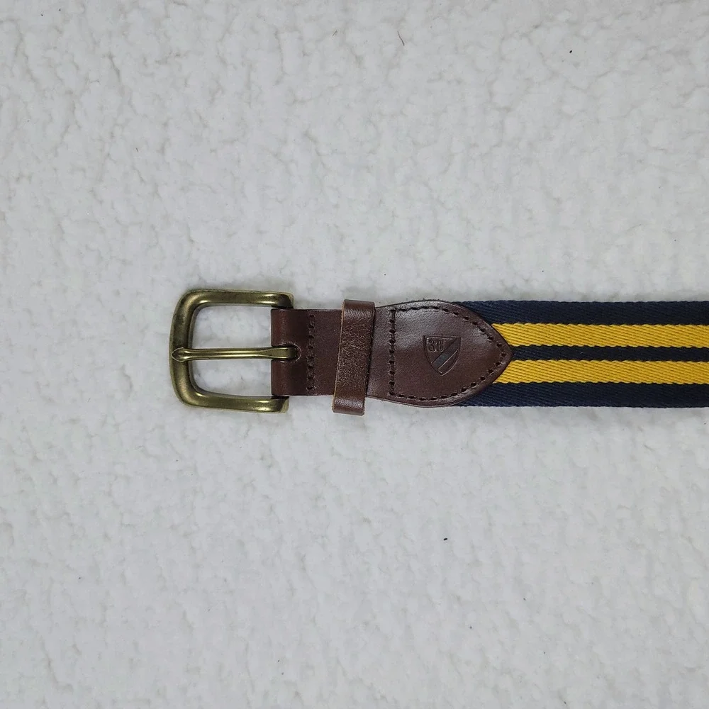 Cremieux Webbed Striped Belt Mens 38 Navy Yellow Leather Trim Brass Buckle Woven